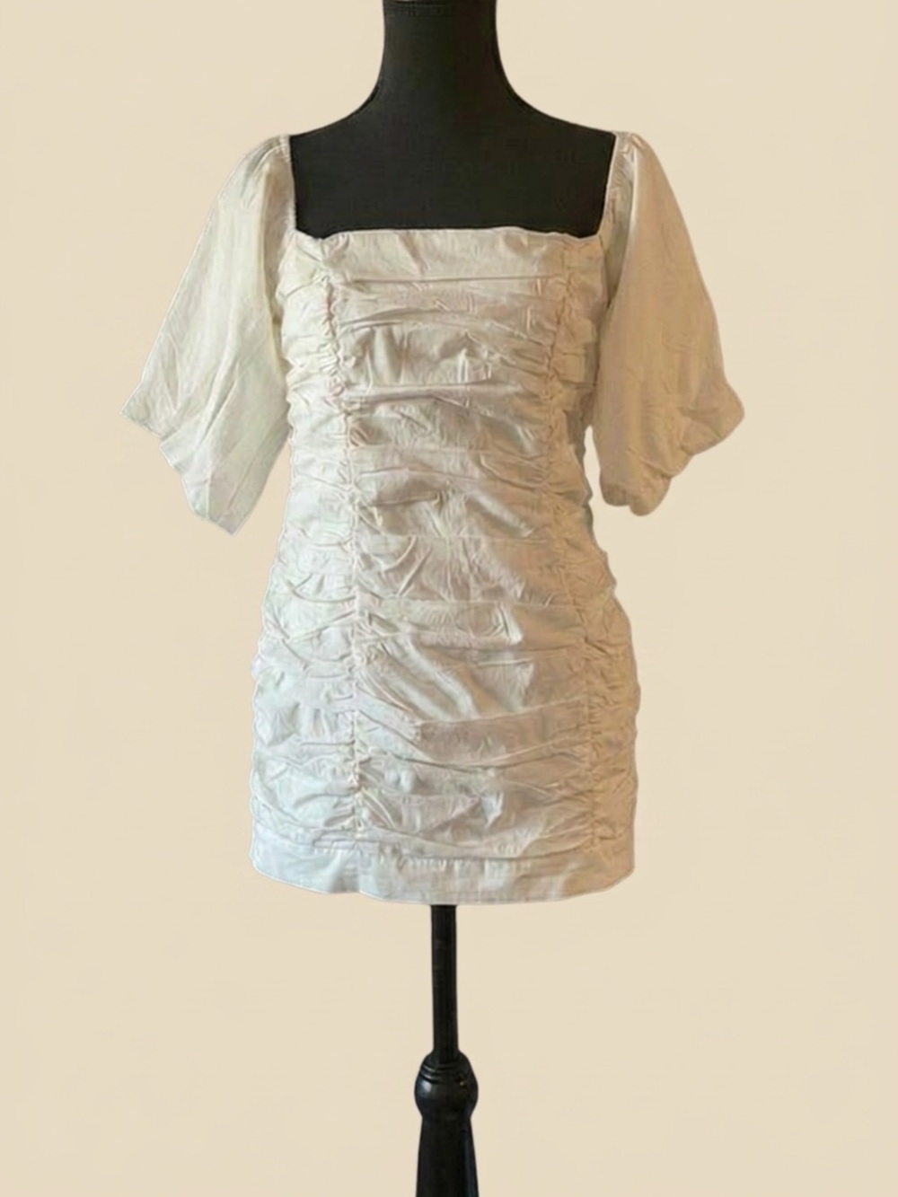 Ally Fashion “Claussen” White Ruched Square-Neck Mini Dress with Puff Sleeves